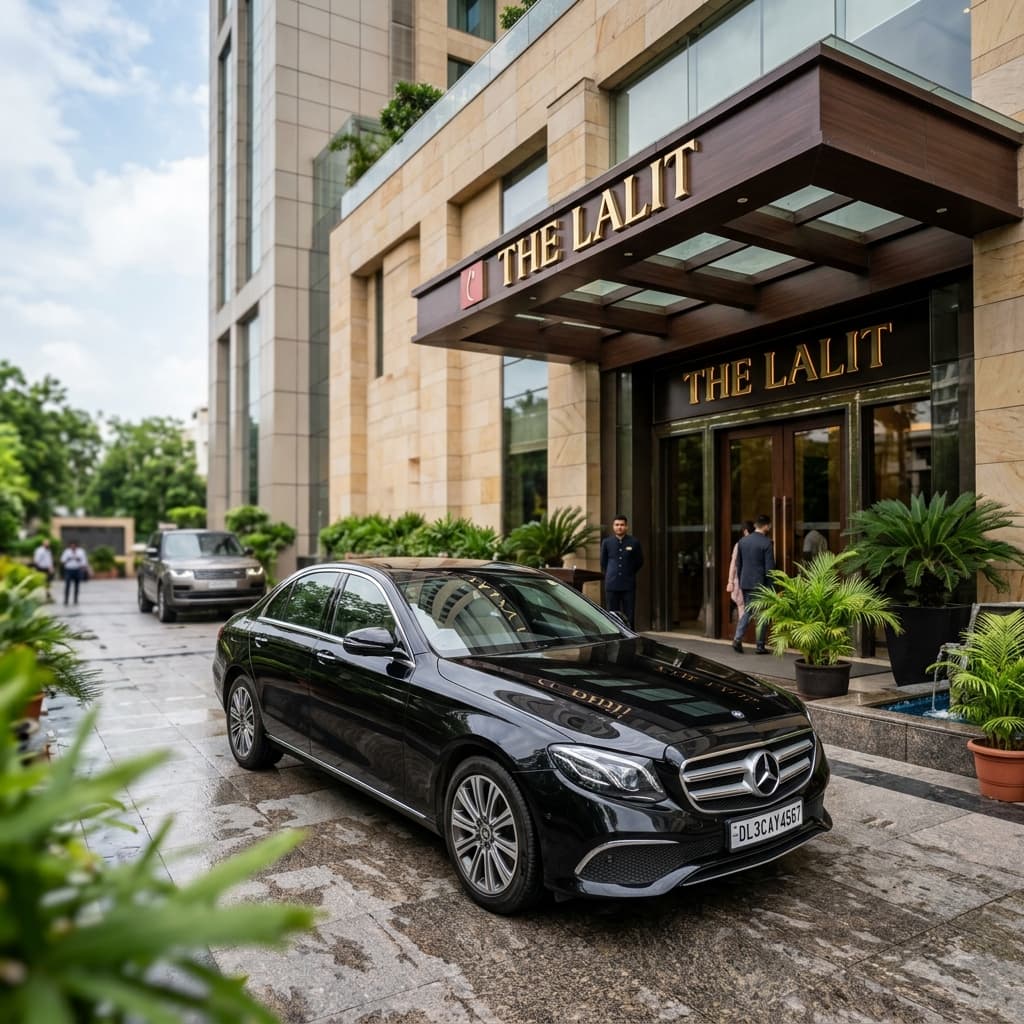 Luxury sedan at a premium hotel entrance