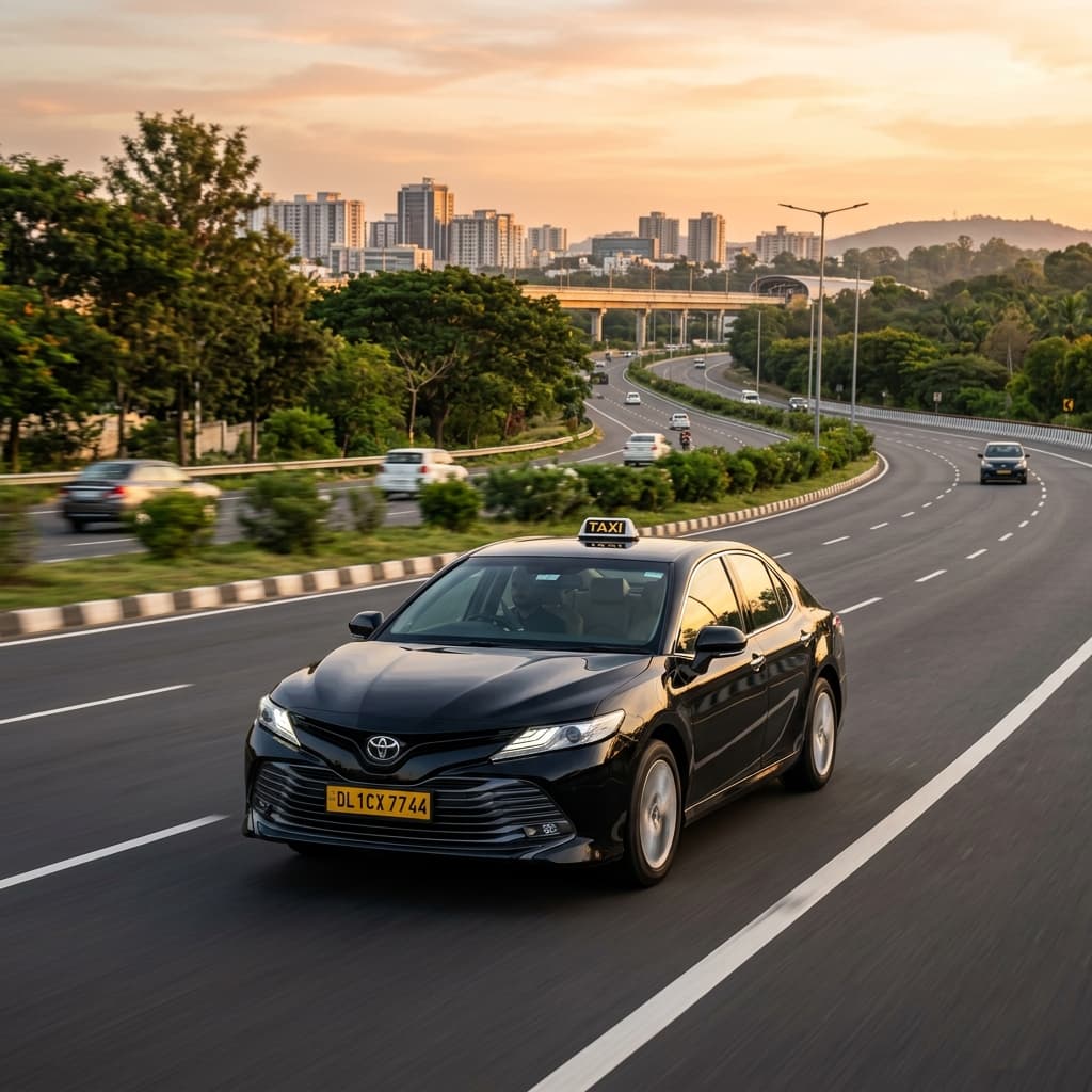 Premium black sedan taxi driving on a modern Indian highway at golden hour